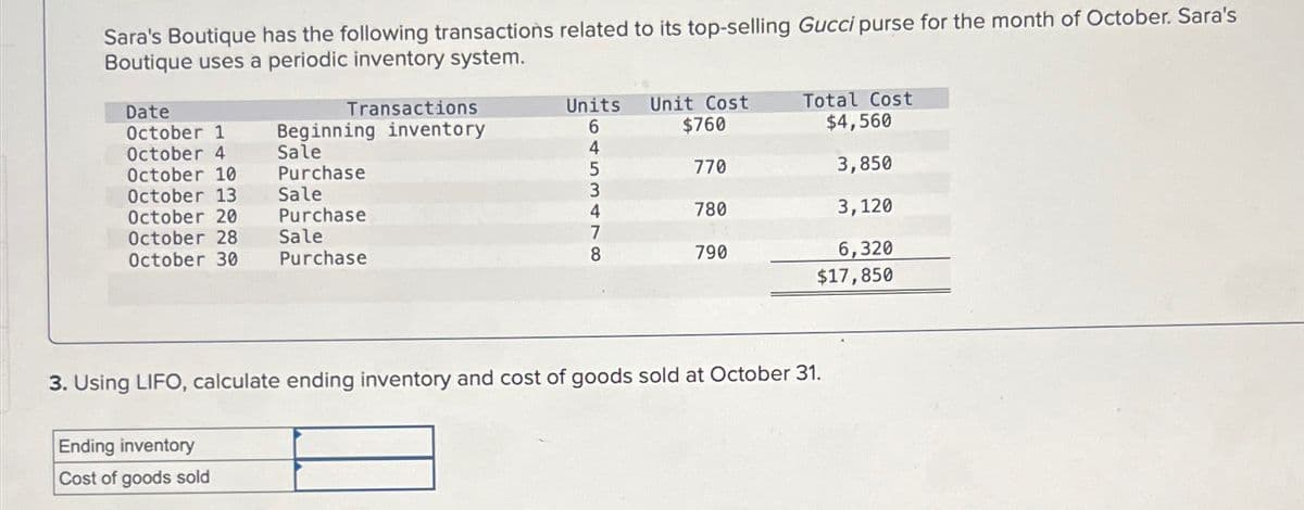 Sara's Boutique has the following transactions related to its top-selling Gucci purse for the month of October. Sara's
Boutique uses a periodic inventory system.
Date
October 1
October 4
October 10
October 13
October 20
October 28
October 30
Transactions
Beginning inventory
Sale
Purchase
Sale
Ending inventory
Cost of goods sold
Purchase
Sale
Purchase
Units
6453478
Unit Cost
$760
770
780
790
Total Cost
$4,560
3,850
3,120
6,320
$17,850
3. Using LIFO, calculate ending inventory and cost of goods sold at October 31.