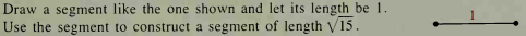 Draw a segment like the one shown and let its length be 1.
Use the segment to construct a segment of length V15.
