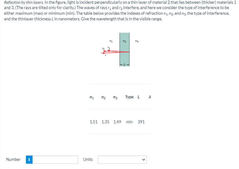 Reflection by thin layers. In the figure, light is incident perpendicularly on a thin layer of material 2 that lies between (thicker) materials 1
and 3. (The rays are tilted only for clarity.) The waves of rays r, and rz interfere, and here we consider the type of interference to be
either maximum (max) or minimum (min). The table below provides the indexes of refraction ng, n2, and na, the type of interference,
and the thinlayer thickness Lin nanometers. Give the wavelength that is in the visible range.
n2
n3
Туре L
1.51 1.35 1.49 min 391
Number
i
Units
