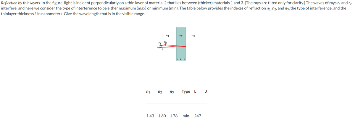 Reflection by thin layers. In the figure, light is incident perpendicularly on a thin layer of material 2 that lies between (thicker) materials 1 and 3. (The rays are tilted only for clarity.) The waves of rays ₁ and ₂
interfere, and here we consider the type of interference to be either maximum (max) or minimum (min). The table below provides the indexes of refraction n₁, n₂, and n3, the type of interference, and the
thinlayer thickness L in nanometers. Give the wavelength that is in the visible range.
2
n₁
21
n₂ n3
119
→→
ng
Type L A
1.43 1.60 1.78 min 247