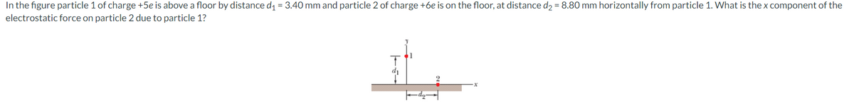 In the figure particle 1 of charge +5e is above a floor by distance d₁ = 3.40 mm and particle 2 of charge +6e is on the floor, at distance d₂ = 8.80 mm horizontally from particle 1. What is the x component of the
electrostatic force on particle 2 due to particle 1?
d₁