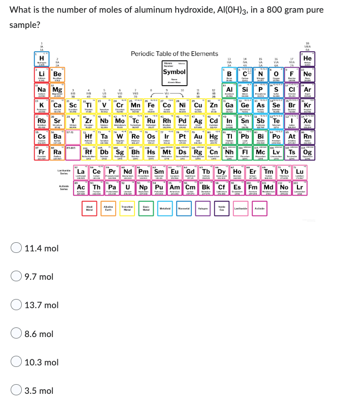 What is the number of moles of aluminum hydroxide, Al(OH)3, in a 800 gram pure
sample?
bin
LEKAR
Be
Belia
Na Mg
Satun
Rb
Ba
Sr
Fr Ra
Fassian
9.7 mol
11.4 mol
8.6 mol
24
21
K Ca Sc Ti V Cr Mn Fe
Taste
www
COLL
HIN
SZAN
13.7 mol
3.5 mol
Activide
Sories
3
IB
38
10.3 mol
4
IVB
+43
45-103 104
5
VB
58
G
980
birin
VIB
Ac Th
La La Ce Pr Nd
LAVAN
Pa U
Periodic Table of the Elements
4-443
444
Zr Nb Mo Tc Ru Rh
Mys
Hf Ta W Re Os
Taidem
Akaike
Euth
VIB
78
Pr
Metal
Moc
Symbol
Co
106
107
106
Rf Db Sg Bh Hs Mt Ds
Radc
28
10
Ni
Pd
Paladim
20042
12
211
30
Cu Zn
C3
B
18
448
Ag Cd
Chat
13
IIA
B
Helegm
14
MA
4A
Al Si
istun
13611
113
Rg Cn Nh
taxt
Den
THE
H
32_444 33 44I MUONI
Ga Ge As Se
ORTE
49
15
VA
SA
Sn
446
16
VIA
68
10000
*_***_5_443_gyanvaa
Sb Te
Lanthanide
17
VIA
CROT
F Ne
INFOR
Br
indire
Pm Sm Eu Gd Tb Dy Ho Er Tm Yb
ww
Depar
THUM
YSKLA
ING.NO
18
VIA
BA
He
Belas
44/2 79
10 4241 SL
Pt Au Hg Tl Pb Bi Po At Rn
Ar
Kr
www
Xe
101
Np Pu Am Cm Bk Cf Es Fm Md No Lr
MATER
Mc Lv Ts Og
CE