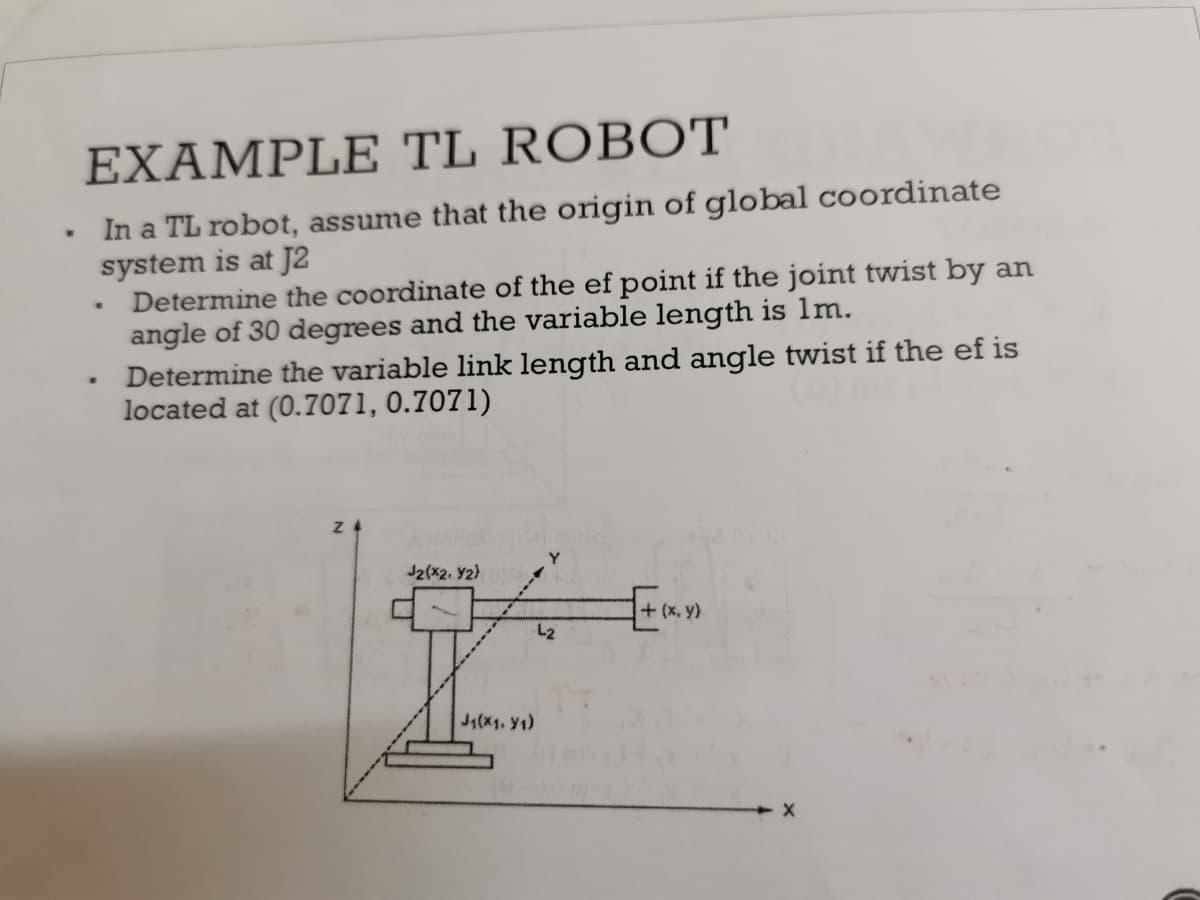 EXAMPLE TL ROBOT
In a TL robot, assume that the origin of global coordinate
system is at J2
Determine the coordinate of the ef point if the joint twist by an
angle of 30 degrees and the variable length is lm.
Determine the variable link length and angle twist if the ef is
located at (0.7071, 0.7071)
J2(X2, Y2)
Ean
(x, y)
L2
J1(X1. Y1)
