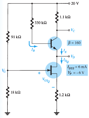 o 20 V
1.1 ka
330 kQ
91 ka
B = 160
IB
o VD
Dss = 6 mA
Vp =-6 V
VG
+
Vose
18 k2
1.2 ΚΩ
