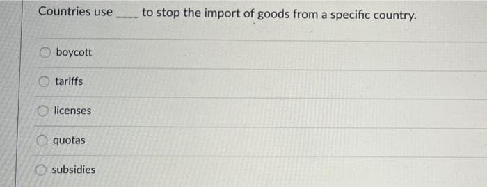 Countries use
boycott
tariffs
licenses
quotas
subsidies
to stop the import of goods from a specific country.