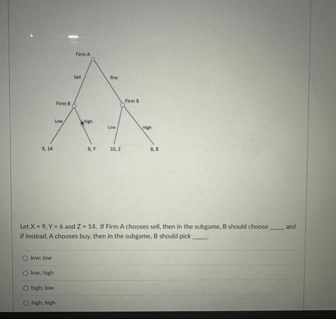 X, 14
low: low
Firm B
Low
O low; high
high; low
high; high
Firm A
Sell
6, Y
Buy
Low
10, Z
Firm B
High
Let X = 9, Y = 6 and Z = 14. If Firm A chooses sell, then in the subgame, B should choose
if instead, A chooses buy, then in the subgame, B should pick
8,8
and