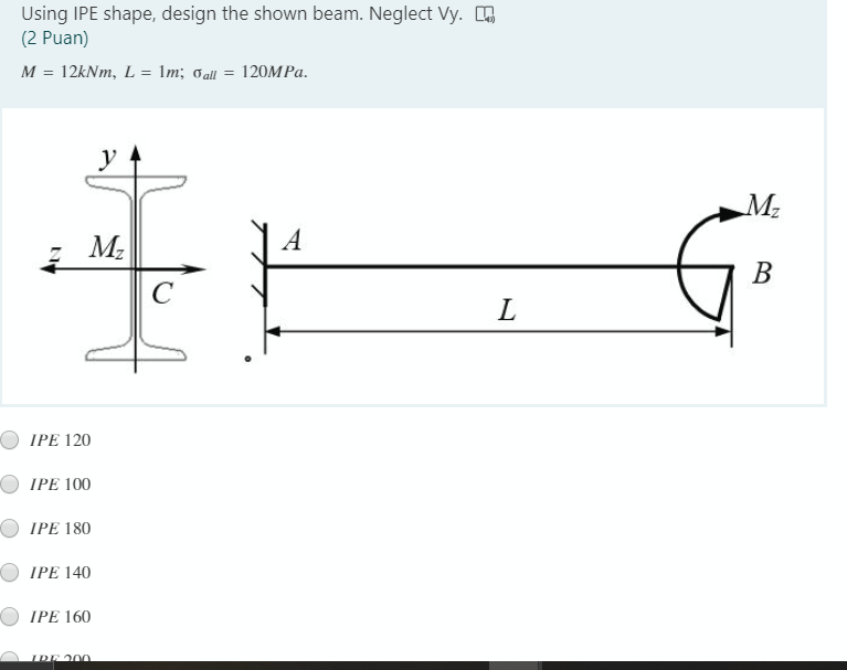 Using IPE shape, design the shown beam. Neglect Vy. n
(2 Puan)
12kNm, L = Im; oall = 120MPA.
M
M2
M2
A
В
C
L
IPE 120
IPE 100
IPE 180
IPE 140
IPE 160
IRE200
