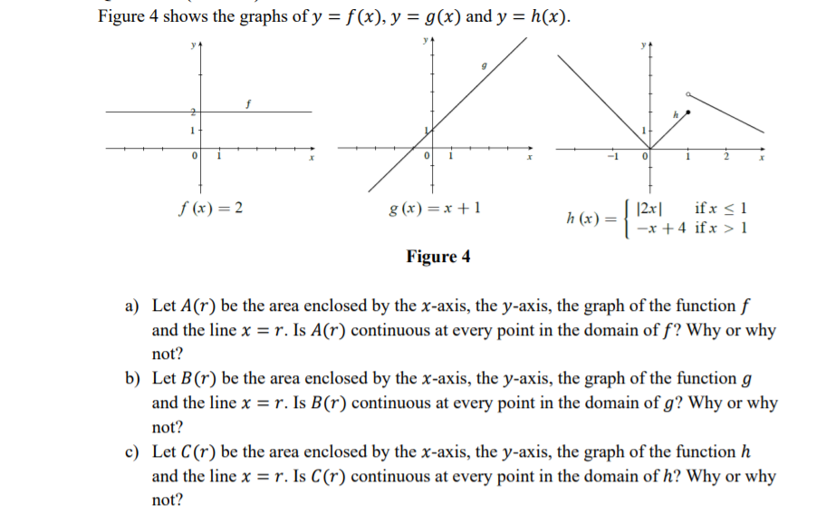 Figure 4 shows the graphs of y = f(x), y = g(x) and y = h(x).
f (x) = 2
g (x) = x +1
|2x|
if x < 1
h (x) =
-x +4 ifx > 1
Figure 4
a) Let A(r) be the area enclosed by the x-axis, the y-axis, the graph of the function f
and the line x =r. Is A(r) continuous at every point in the domain of f? Why or why
not?
b) Let B(r) be the area enclosed by the x-axis, the y-axis, the graph of the function g
and the line x = r. Is B(r) continuous at every point in the domain of g? Why or why
not?
c) Let C(r) be the area enclosed by the x-axis, the y-axis, the graph of the function h
and the line x = r. Is C(r) continuous at every point in the domain of h? Why or why
not?
