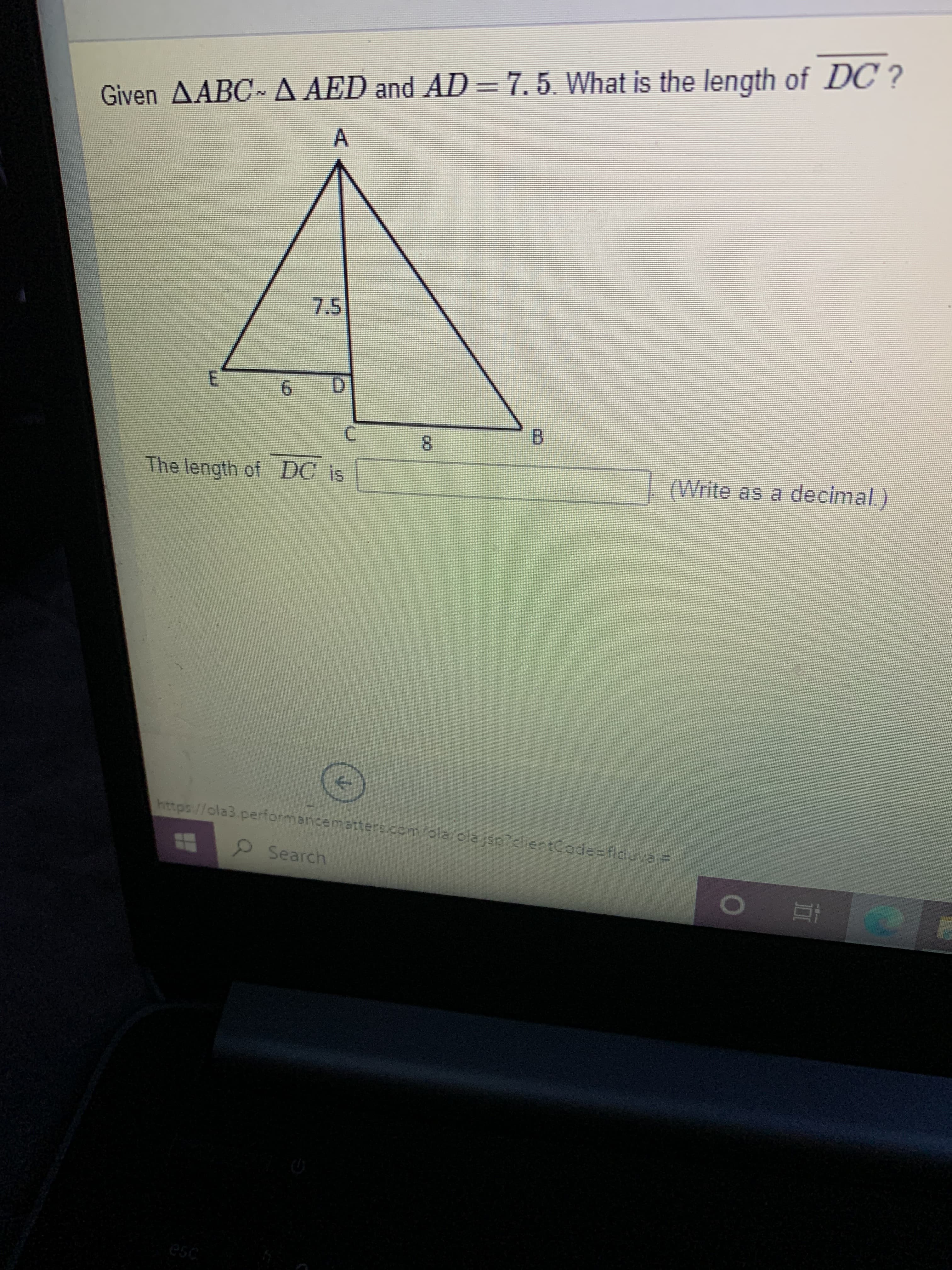 Given AABC A AED and AD=7.5 What is the length of DC ?
