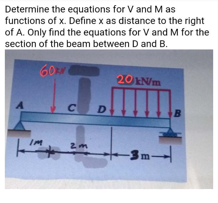 Determine the equations for V and M as
functions of x. Define x as distance to the right
of A. Only find the equations for V and M for the
section of the beam between D and B.
60M
20 N/m
C D
-3m
