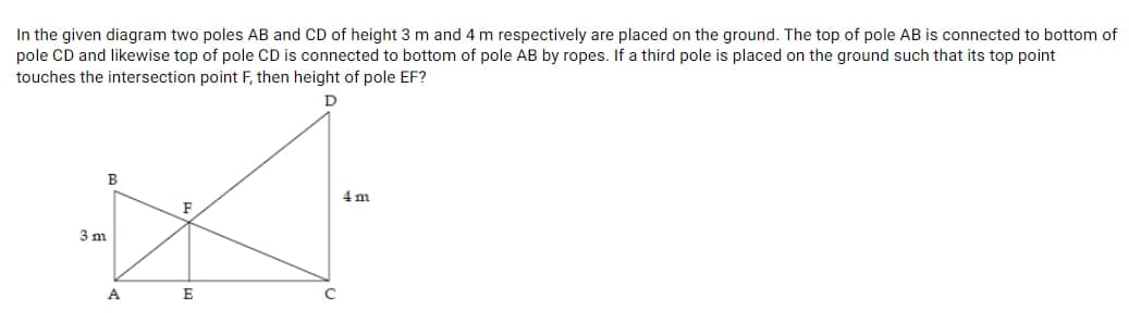 In the given diagram two poles AB and CD of height 3 m and 4 m respectively are placed on the ground. The top of pole AB is connected to bottom of
pole CD and likewise top of pole CD is connected to bottom of pole AB by ropes. If a third pole is placed on the ground such that its top point
touches the intersection point F, then height of pole EF?
B
4 m
F
3 m
A
E
