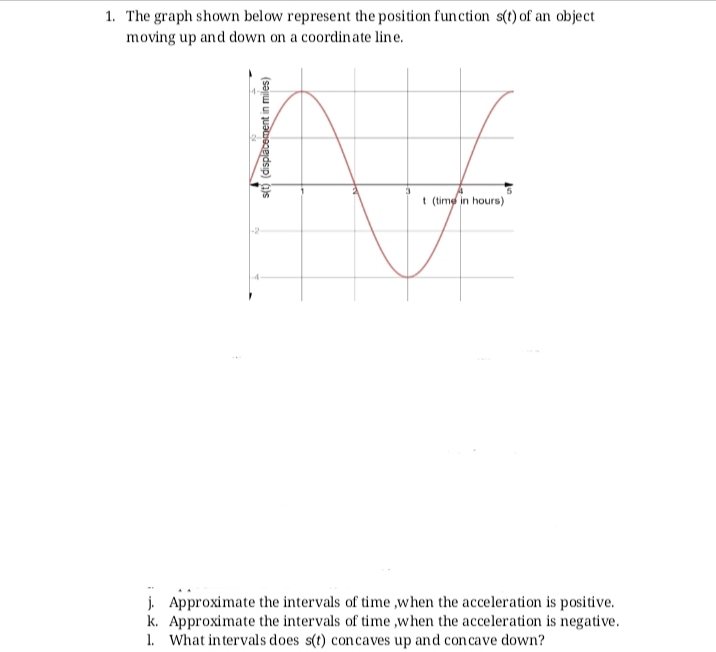 1. The graph shown below represent the position function s(t) of an object
moving up and down on a coordinate line.
t (time in hours)
-2
4-
j. Approximate the intervals of time ,when the acceleration is positive.
k. Approximate the intervals of time ,when the acceleration is negative.
1. What intervals does s(t) concaves up and concave down?
s(t) (displācement in miles)
