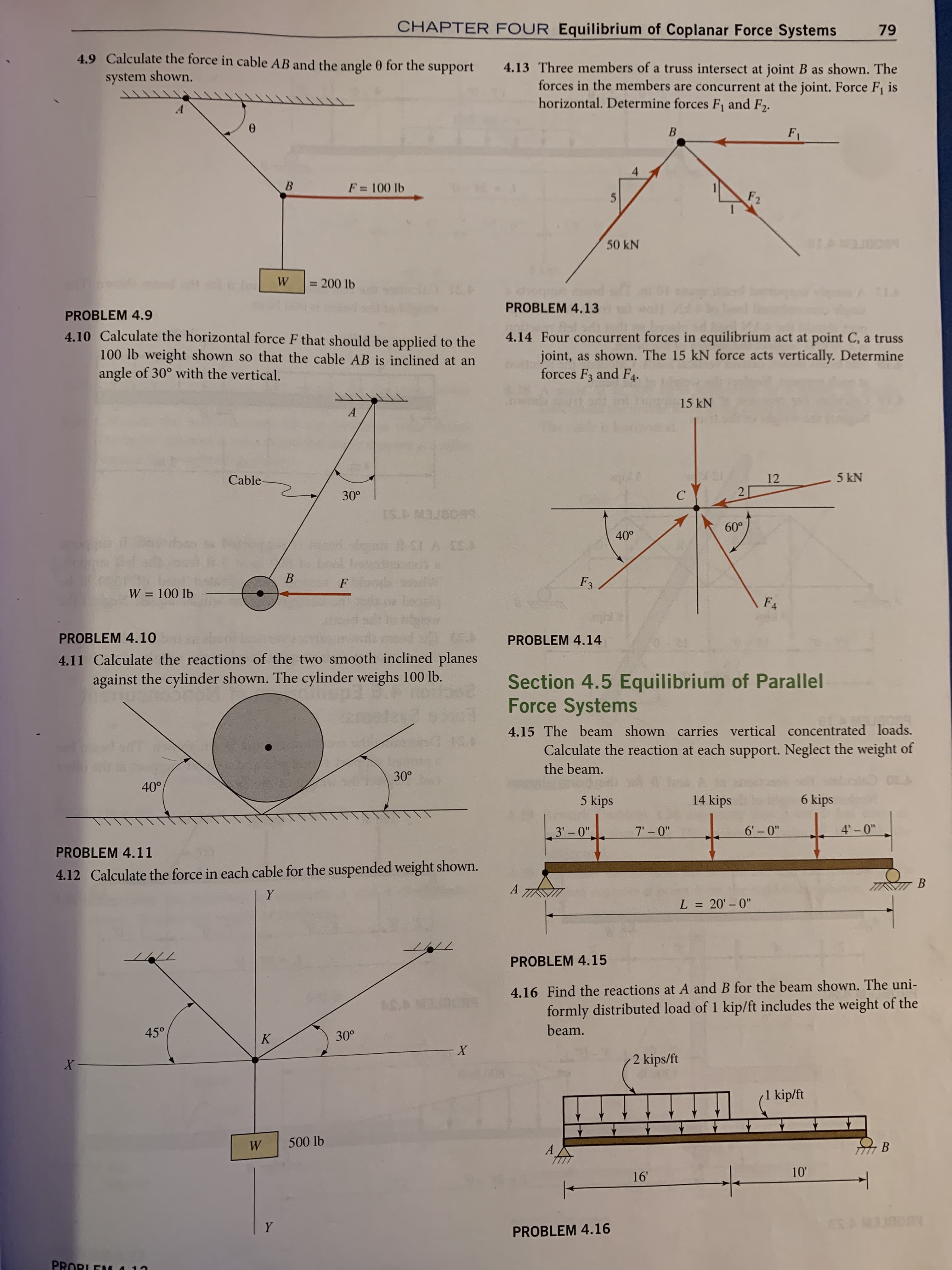 4.9 Calculate the force in cable AB and the angle 0 for the
support
system shown.
A
F = 100 lb
%3D
W
= 200 lb
