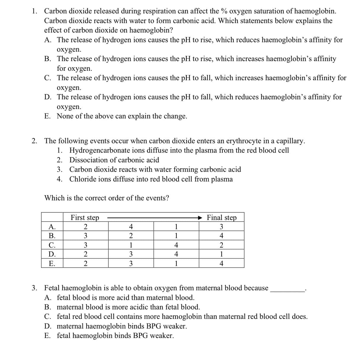 1. Carbon dioxide released during respiration can affect the % oxygen saturation of haemoglobin.
Carbon dioxide reacts with water to form carbonic acid. Which statements below explains the
effect of carbon dioxide on haemoglobin?
A. The release of hydrogen ions causes the pH to rise, which reduces haemoglobin's affinity for
охуgen.
B. The release of hydrogen ions causes the pH to rise, which increases haemoglobin's affinity
for oxygen.
C. The release of hydrogen ions causes the pH to fall, which increases haemoglobin's affinity for
охygen.
D. The release of hydrogen ions causes the pH to fall, which reduces haemoglobin's affinity for
охуgen.
E. None of the above can explain the change.
2. The following events occur when carbon dioxide enters an erythrocyte in a capillary.
1. Hydrogencarbonate ions diffuse into the plasma from the red blood cell
2. Dissociation of carbonic acid
3. Carbon dioxide reacts with water forming carbonic acid
4. Chloride ions diffuse into red blood cell from plasma
Which is the correct order of the events?
First step
Final step
А.
2
4
1
3
В.
3
1
4
C.
3
1
4
2
D.
2
3
4
1
Е.
2
3
1
4
3. Fetal haemoglobin is able to obtain oxygen from maternal blood because
A. fetal blood is more acid than maternal blood.
B. maternal blood is more acidic than fetal blood.
C. fetal red blood cell contains more haemoglobin than maternal red blood cell does.
D. maternal haemoglobin binds BPG weaker.
E. fetal haemoglobin binds BPG weaker.
