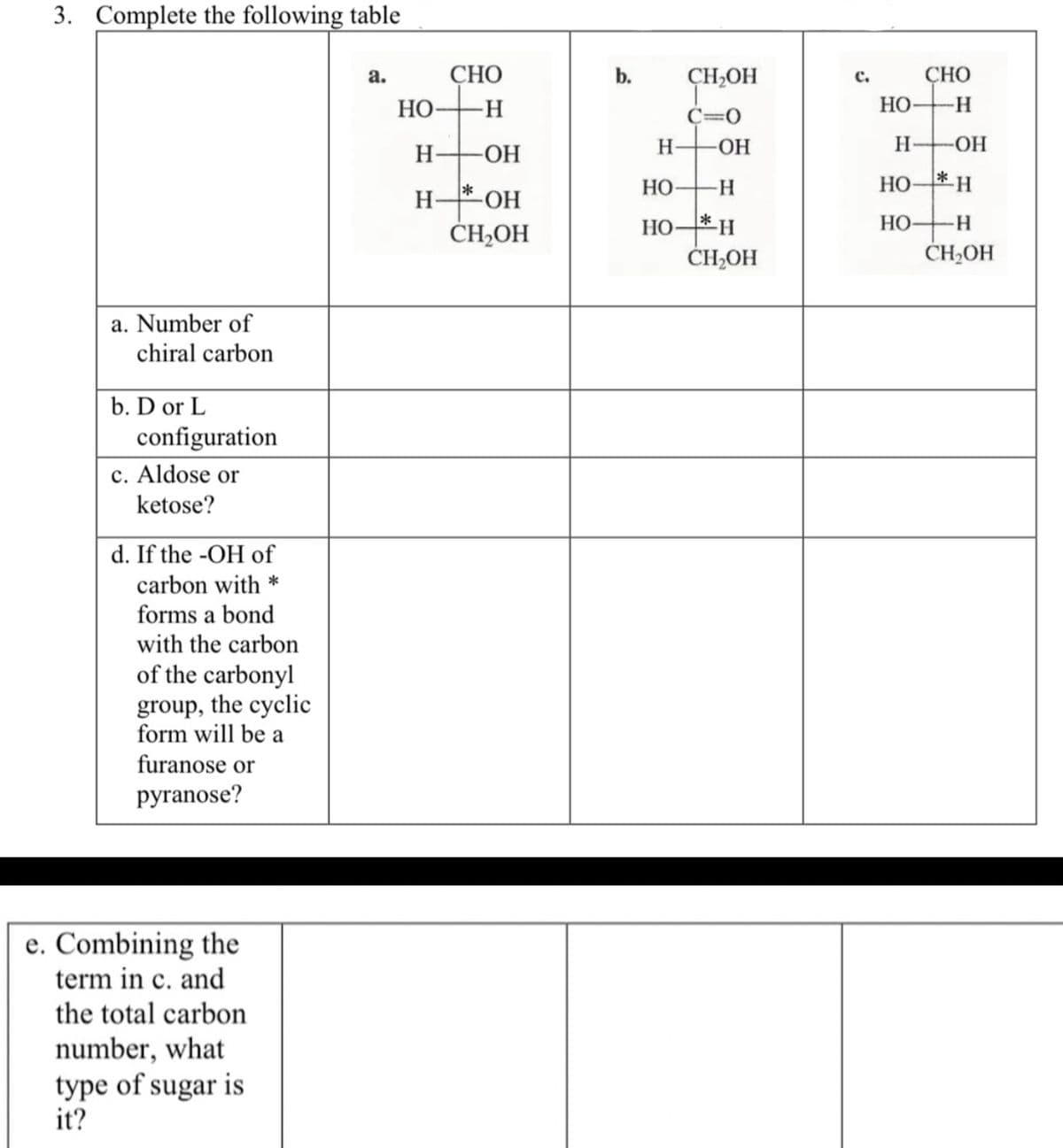 3. Complete the following table
СНО
НО
а.
b.
ÇH,OH
СНО
с.
HO-H
C=0
H
Но-
H-
HO-
H
-HO-
НО
HO-* H
H OH
ČH,OH
HO-*H
ČH,OH
HO
H-
ČH,OH
a. Number of
chiral carbon
b. D or L
configuration
c. Aldose or
ketose?
d. If the -OH of
carbon with *
forms a bond
with the carbon
of the carbonyl
group, the cyclic
form will be a
furanose or
ругranose?
e. Combining the
term in c. and
the total carbon
number, what
type of sugar is
it?
