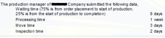 The production manager of
Company submitted the following data,
Waiting time (75% is from order placement to start of production;
25% is from the start of production to completion)
Processing time
Move time
Inspection time
8 days
1 week
3 days
2 days