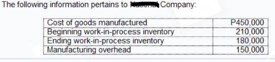 The following information pertains to En Company:
Cost of goods manufactured
Beginning work-in-process inventory
Ending work-in-process inventory
Manufacturing overhead
P450,000
210,000
180,000
150,000