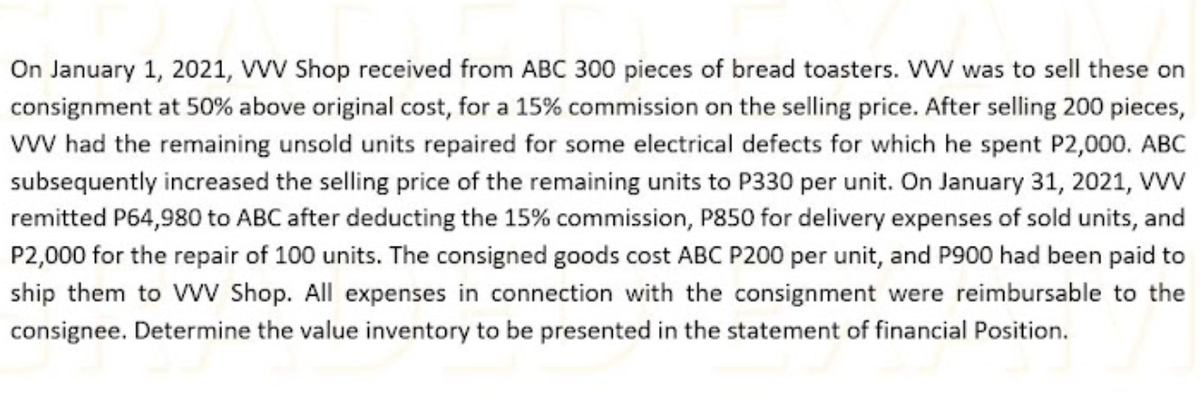 On January 1, 2021, VVV Shop received from ABC 300 pieces of bread toasters. VVV was to sell these on
consignment at 50% above original cost, for a 15% commission on the selling price. After selling 200 pieces,
vV had the remaining unsold units repaired for some electrical defects for which he spent P2,000. ABC
subsequently increased the selling price of the remaining units to P330 per unit. On January 31, 2021, VVV
remitted P64,980 to ABC after deducting the 15% commission, P850 for delivery expenses of sold units, and
P2,000 for the repair of 100 units. The consigned goods cost ABC P200 per unit, and P900 had been paid to
ship them to WV Shop. All expenses in connection with the consignment were reimbursable to the
consignee. Determine the value inventory to be presented in the statement of financial Position.
