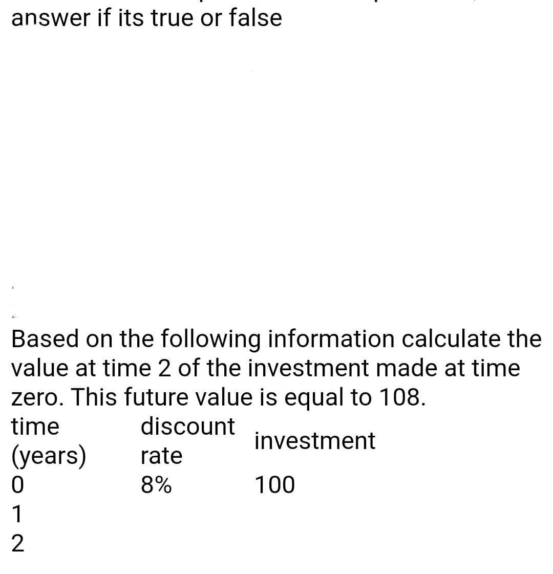 answer if its true or false
Based on the following information calculate the
value at time 2 of the investment made at time
zero. This future value is equal to 108.
time
discount
investment
(years)
rate
8%
100
1
2
