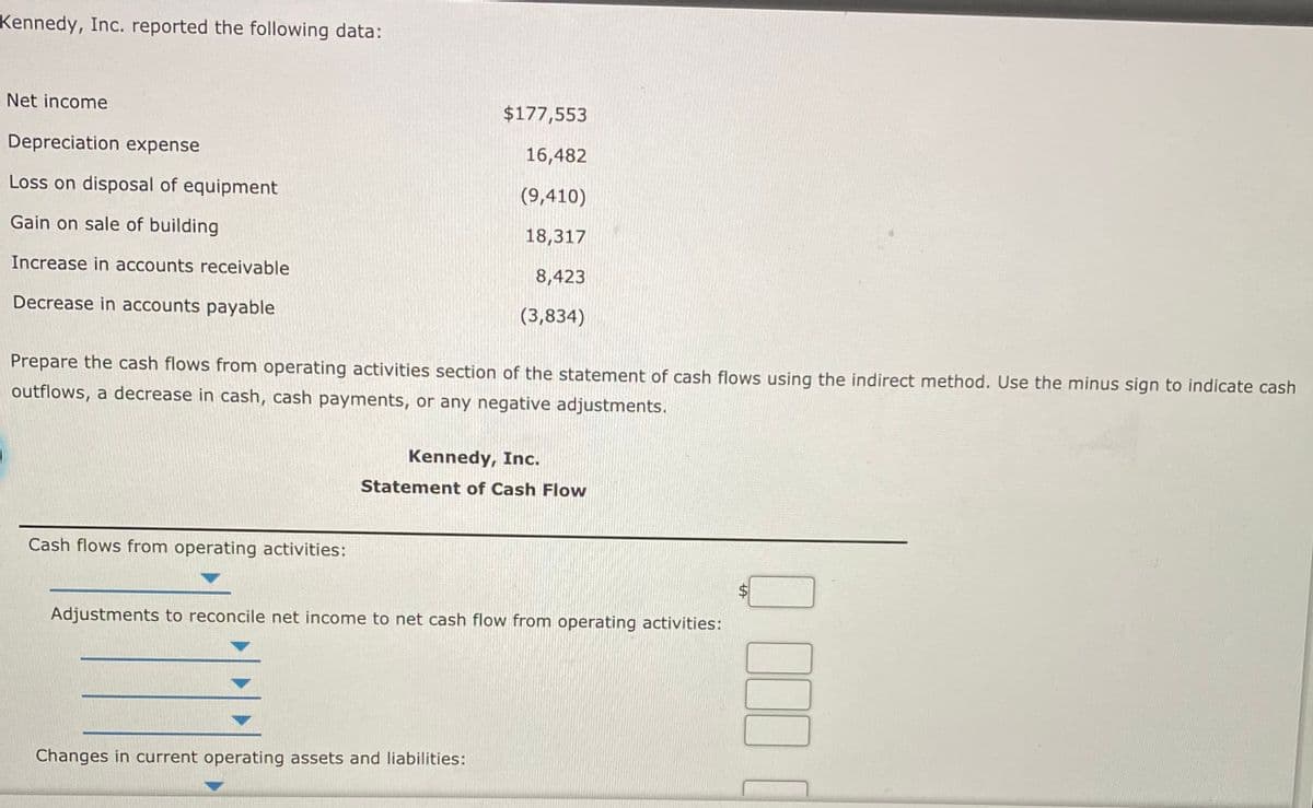 Kennedy, Inc. reported the following data:
Net income
$177,553
Depreciation expense
16,482
Loss on disposal of equipment
(9,410)
Gain on sale of building
18,317
Increase in accounts receivable
8,423
Decrease in accounts payable
(3,834)
Prepare the cash flows from operating activities section of the statement of cash flows using the indirect method. Use the minus sign to indicate cash
outflows, a decrease in cash, cash payments, or any negative adjustments.
Kennedy, Inc.
Statement of Cash Flow
Cash flows from operating activities:
Adjustments to reconcile net income to net cash flow from operating activities:
Changes in current operating assets and liabilities:
%24
