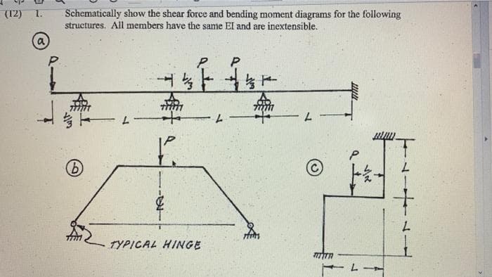 (12) 1.
ܘܢ
Schematically show the shear force and bending moment diagrams for the following
structures. All members have the same EI and are inextensible.
P
b
ܐ
ܕܐܝ܀
TYPICAL HINGE
L
www.
P
J
www.
L