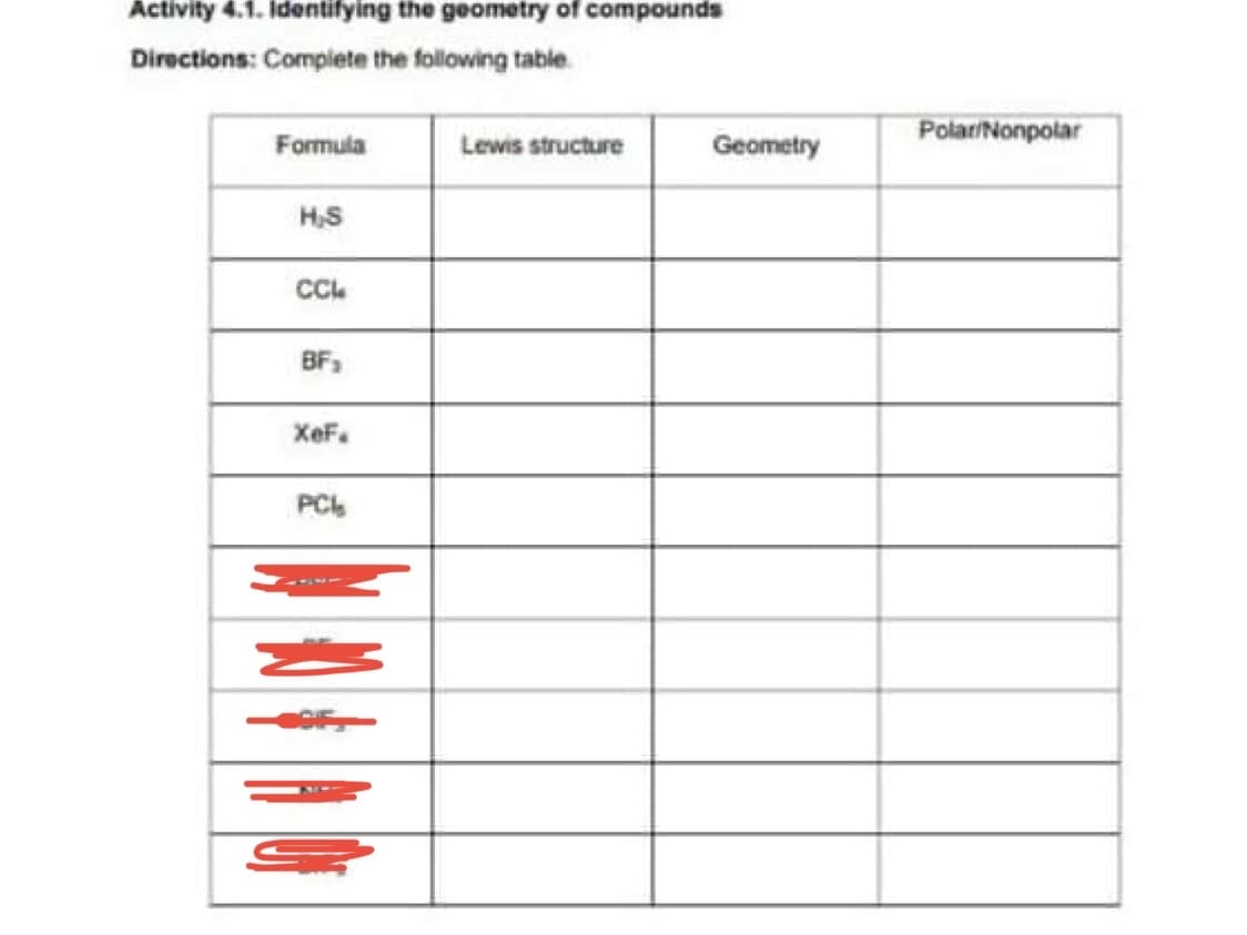 Activity 4.1. Identifying the geometry of compounds
Directions: Complete the following table
Formula
Lewis structure
H₂S
CCL
BF₂
XeF.
PCI
Geometry
Polar/Nonpolar