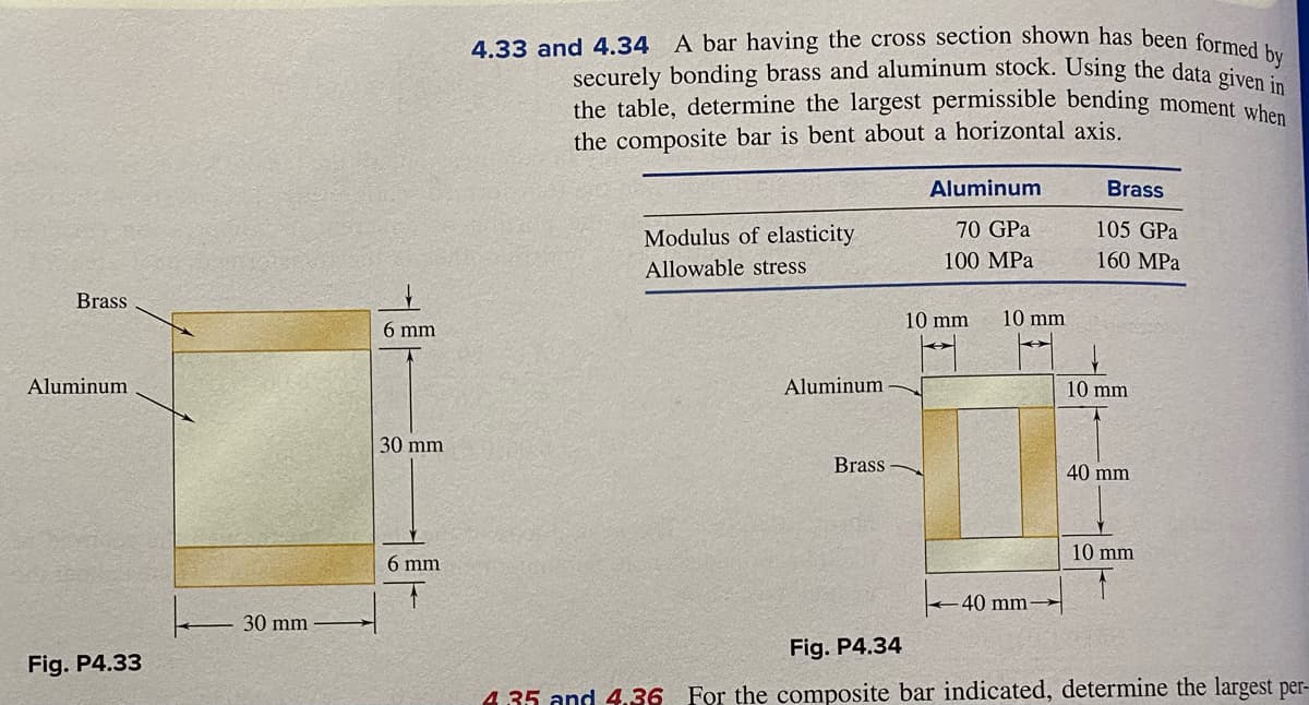 4.33 and 4.34 A bar having the cross section shown has been formed by
securely bonding brass and aluminum stock. Using the data oi
the table, determine the largest permissible bending moment when
the composite bar is bent about a horizontal axis.
Aluminum
Brass
Modulus of elasticity
70 GPa
105 GPa
Allowable stress
100 MPa
160 MPa
Brass
10 mm
10 mm
6 mm
Aluminum
Aluminum
10 mm
30 mm
Brass
40 mm
10 mm
6 mm
40 mm→
30 mm
Fig. P4.34
Fig. P4.33
4.35 and 4,36
For the composite bar indicated, determine the largest per-
