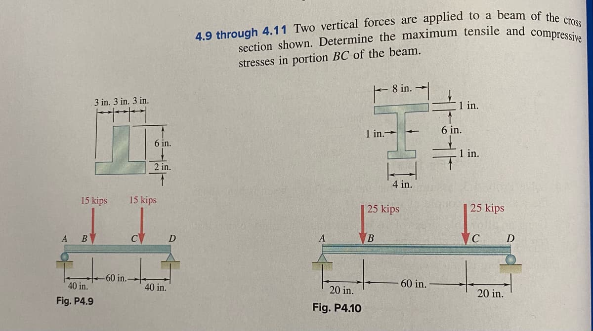 section shown. Determine the maximum tensile and compressive
stresses in portion BC of the beam.
8 in.
3 in. 3 in. 3 in.
1 in.
1 in.
6 in.
6 in.
1 in.
2 in.
4 in.
15 kips
15 kips
25 kips
25 kips
A
B
D
A
B
C
D
60 in.
40 in.
40 in.
60 in.
20 in.
20 in.
Fig. P4.9
Fig. P4.10
