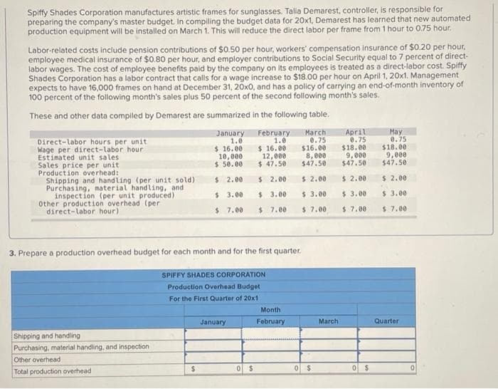 Spiffy Shades Corporation manufactures artistic frames for sunglasses. Talia Demarest, controller, is responsible for
preparing the company's master budget. In compiling the budget data for 20x1, Demarest has learned that new automated
production equipment will be installed on March 1. This will reduce the direct labor per frame from 1 hour to 0.75 hour.
Labor-related costs include pension contributions of $0.50 per hour, workers' compensation insurance of $0.20 per hour,
employee medical insurance of $0.80 per hour, and employer contributions to Social Security equal to 7 percent of direct-
labor wages. The cost of employee benefits paid by the company on its employees is treated as a direct-labor cost. Spiffy
Shades Corporation has a labor contract that calls for a wage increase to $18.00 per hour on April 1, 20x1. Management
expects to have 16,000 frames on hand at December 31, 20x0, and has a policy of carrying an end-of-month inventory of
100 percent of the following month's sales plus 50 percent of the second following month's sales.
These and other data compiled by Demarest are summarized in the following table.
Direct-labor hours per unit
Wage per direct-labor hour
Estimated unit sales
Sales price per unit
Production overhead:
Shipping and handling (per unit sold)
Purchasing, material handling, and
inspection (per unit produced)
Other production overhead (per
direct-labor hour)
Shipping and handling
Purchasing, material handling, and inspection
Other overhead
Total production overhead
January February
1.0
$ 16.00
10,000
$50.00
1.0
$16.00
12,000
$ 47.50
$ 2.00
$ 2.00
$ 3.00
$ 3.00
$ 7.00
$7.00
3. Prepare a production overhead budget for each month and for the first quarter.
SPIFFY SHADES CORPORATION
Production Overhead Budget
For the First Quarter of 20x1
$
January
0 $
Month
February
March
0.75
$16.00
8,000
$47.50
$ 2.00
$ 3.00
$ 7.00
0 $
March
April
0.75
$18.00
9,000
$47.50
$2.00
$ 3.00
$ 7.00
0 $
May
0.75
$18.00
9,000
$47.50
$ 2.00
$ 3.00
$ 7.00
Quarter