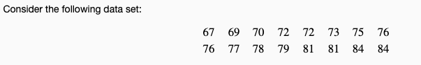 Consider the following data set:
67 69 70
72
72 73 75
76
76 77
78
79
81 81 84 84
