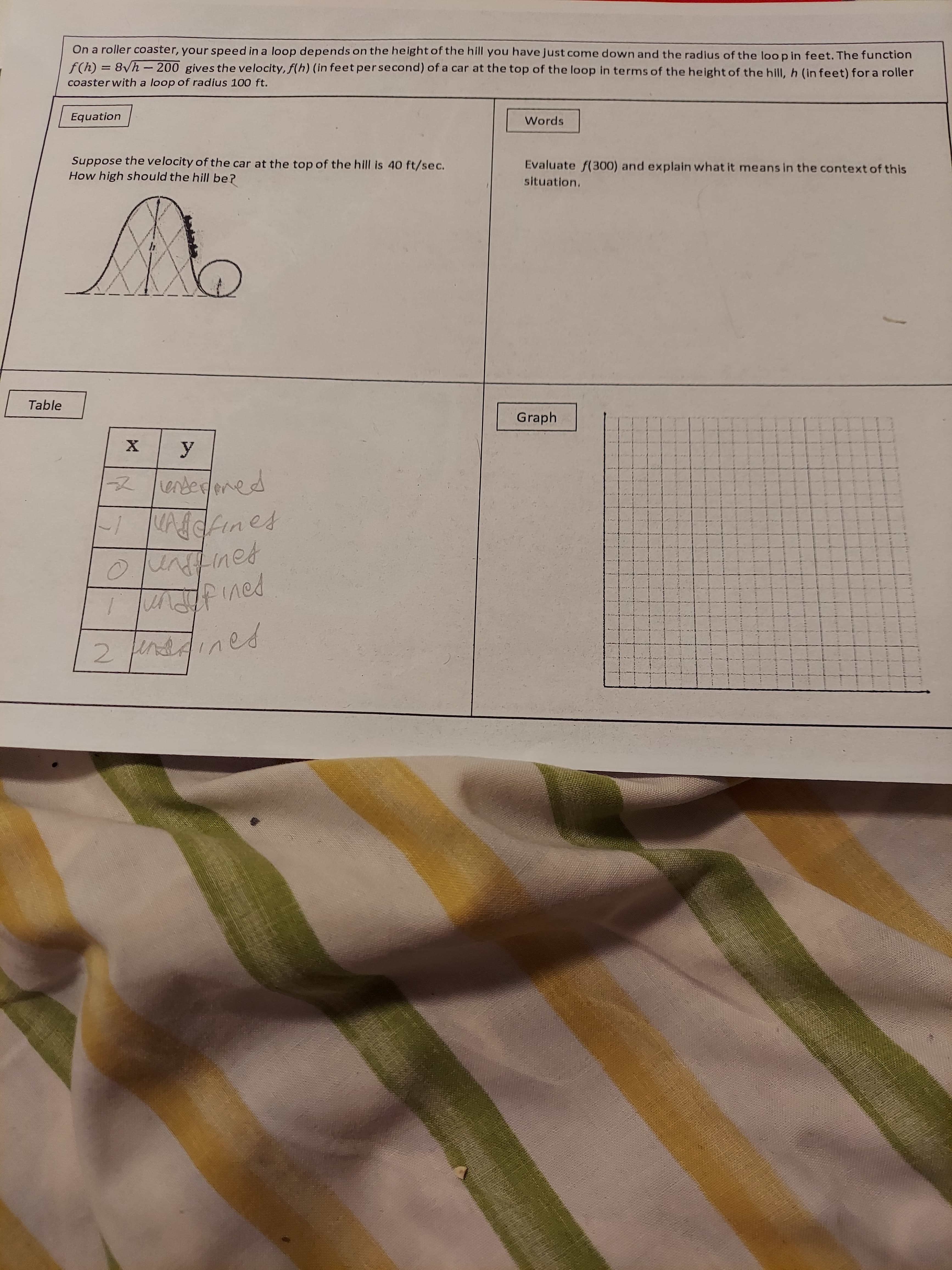 On a roller coaster, your speed in a loop depends on the height of the hill you have just come down and the radius of the loo p in feet. The function
f(h) = 8Vh -200 gives the velocity, f(h) (in feet persecond) of a car at the top of the loop in terms of the height of the hill, h (in feet) for a roller
coasterwith a loop of radius 100 ft.
Words
Equation
Evaluate f(300) and explain what it means in the context of this
Suppose the velocity of the car at the top of the hill is 40 ft/sec.
How high should the hill be?
situation.
Table
Graph
enderdened
MAdfines
povi Purl
2.

