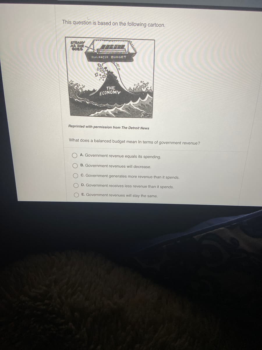 **Title:** Understanding a Balanced Budget

**Overview:** 
This educational resource is based on a cartoon from The Detroit News, illustrating the concept of a balanced budget and its implications for government revenue.

**Cartoon Description:**
The cartoon depicts a large wave labeled "THE ECONOMY" in the open sea. On top of the wave is a ship named "BALANCED BUDGET," sailing steadily with the flag stating "STEADY AS SHE GOES." This visual metaphor suggests that maintaining a balanced budget helps navigate the ups and downs of the economy smoothly.

**Text Below Cartoon:**
Reprinted with permission from The Detroit News.

**Discussion Question:**
What does a balanced budget mean in terms of government revenue?

**Answer Choices:**
A. Government revenue equals its spending.  
B. Government revenues will decrease.  
C. Government generates more revenue than it spends.  
D. Government receives less revenue than it spends.  
E. Government revenues will stay the same.

**Explanation:**
A balanced budget occurs when the revenue of a government is equal to its expenditures. This means that the amount of money the government brings in, mainly through taxes and other revenue sources, is equal to the amount it spends on public services and other expenditures. This situation helps maintain economic stability, as depicted by the steady ship in the cartoon.

**Answer Key:**
The correct option is A. Government revenue equals its spending.

By understanding the importance of a balanced budget, students can better appreciate the principles of fiscal responsibility and economic stability. This knowledge is crucial for comprehending broader economic policies and their impacts on society.