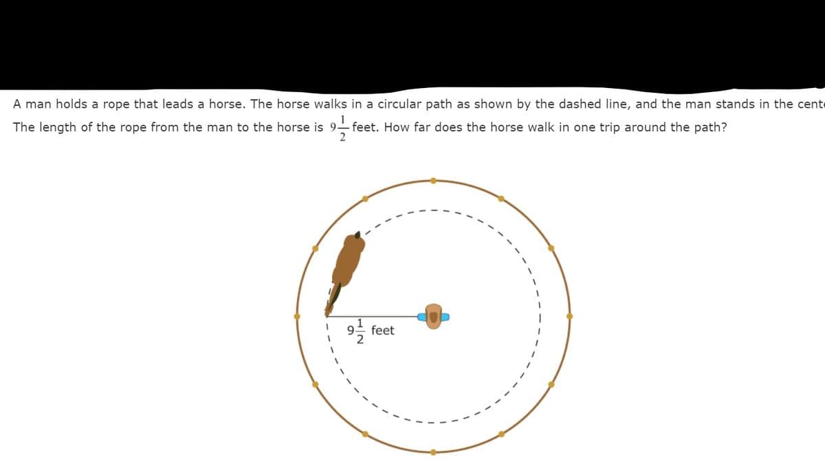 A man holds a rope that leads a horse. The horse walks in a circular path as shown by the dashed line, and the man stands in the cente
The length of the rope from the man to the horse is 9- feet. How far does the horse walk in one trip around the path?
2
9.
feet
1/2
