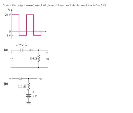 Sketch the output waveform of vo given vi. Assume all diodes are ideal (vD = 0 v).
20 V
-5 V
2V +
(a)
10 ko
(b)
2.2 ka
AS
