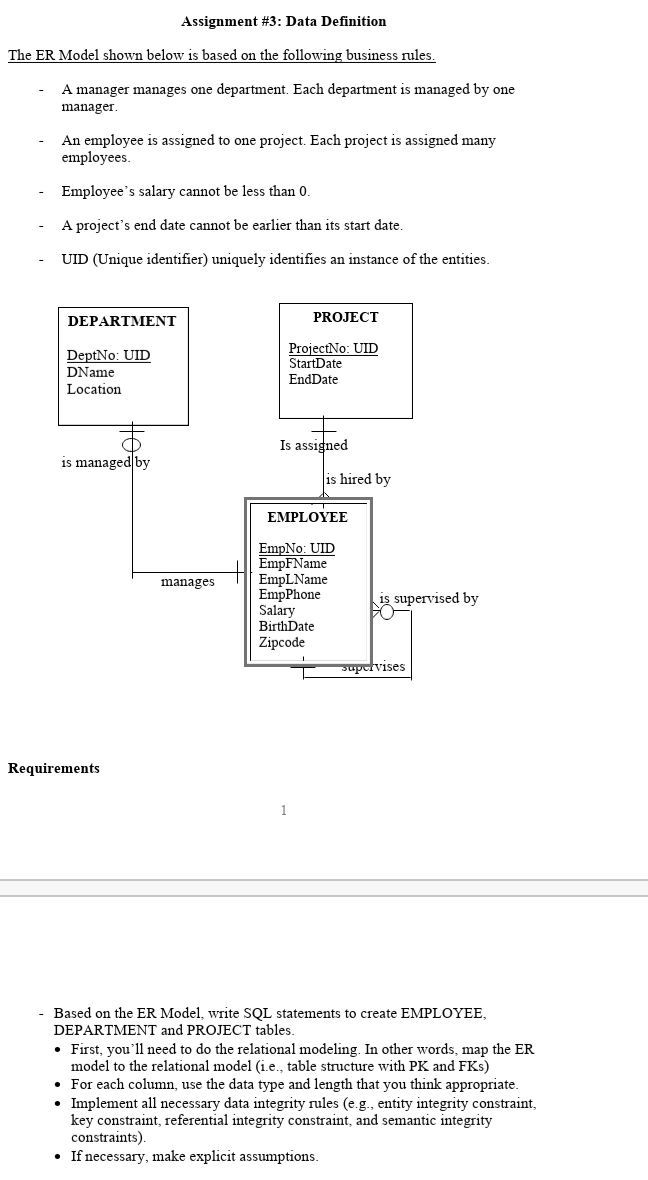 Assignment #3: Data Definition
The ER Model shown below is based on the following business rules.
A manager manages one department. Each department is managed by one
manager.
An employee is assigned to one project. Each project is assigned many
employees.
Employee's salary cannot be less than 0.
A project's end date cannot be earlier than its start date.
UID (Unique identifier) uniquely identifies an instance of the entities.
DEPARTMENT
PROJECT
DeptNo: UID
ProjectNo: UID
StartDate
DName
EndDate
Location
Is assigned
managed by
is hired by
ΕMPLOYEΕ
EmpNo: UID
EmpFName
EmpLName
EmpPhone
Salary
BirthDate
Zipcode
manages
is supervised by
Supclvises
Requirements
1
Based on the ER Model, write SQL statements to create EMPLOYEE,
DEPARTMENT and PROJECT tables.
• First, you'll need to do the relational modeling. In other words, map the ER
model to the relational model (i.e., table structure with PK and FKs)
• For each column, use the data type and length that you think appropriate.
• Implement all necessary data integrity rules (e.g., entity integrity constraint,
key constraint, referential integrity constraint, and semantic integrity
constraints).
• If necessary, make explicit assumptions.
