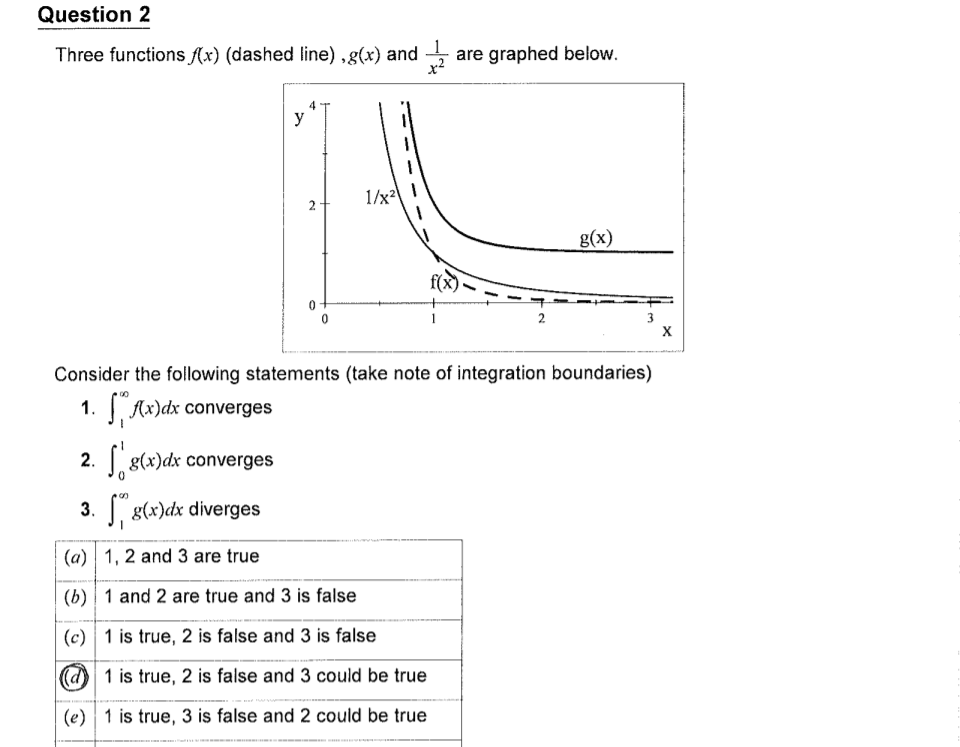 Question 2
Three functions (x) (dashed line) ,g(x) and
are graphed below.
x2
y
1/x²\
2
g(x)
2
Consider the following statements (take note of integration boundaries)
1. Ax)dx converges
2. g(x)dx converges
3. g(x)dx diverges
(a) 1, 2 and 3 are true
(b) 1 and 2 are true and 3 is false
(c) 1 is true, 2 is false and 3 is false
(d)1 is true, 2 is false and 3 could be true
(e) 1 is true, 3 is false and 2 could be true
