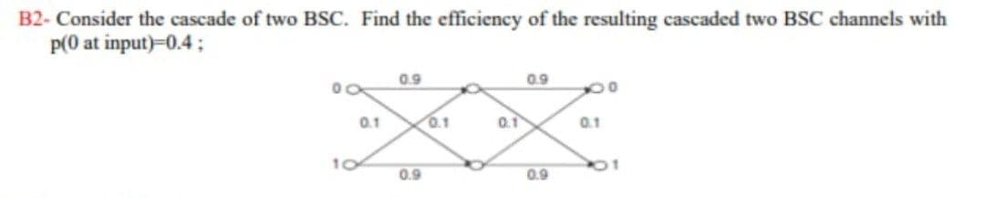 B2- Consider the cascade of two BSC. Find the efficiency of the resulting cascaded two BSC channels with
p(0 at input)=0.4;
0.9
0.9
0.1
0.1
0.1
0.1
10
0.9
0.9
