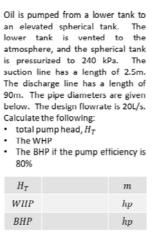 Oil is pumped from a lower tank to
an elevated spherical tank. The
lower tank is vented to the
atmosphere, and the spherical tank
is pressurized to 240 kPa. The
suction line has a length of 2.5m.
The discharge line has a length of
90m. The pipe diameters are given
below. The design flowrate is 20L/s.
Calculate the following:
• total pump head, HT
• The WHP
• The BHP if the pump efficiency is
80%
HT
WHP
BHP
m
hp
hp