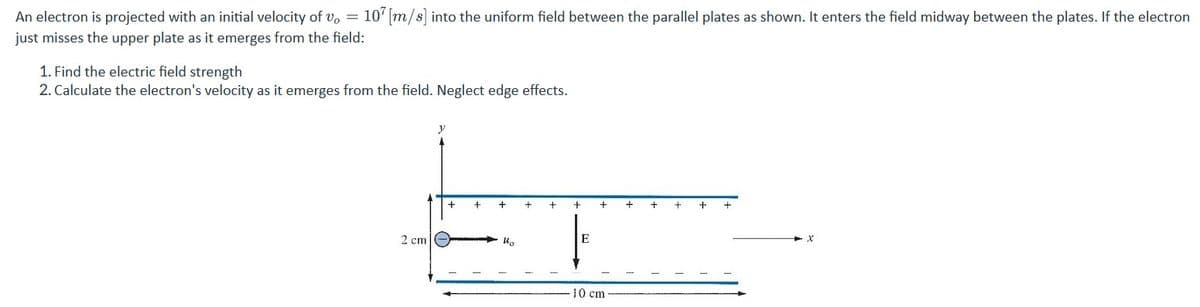 An electron is projected with an initial velocity of vo= 107 [m/s] into the uniform field between the parallel plates as shown. It enters the field midway between the plates. If the electron
just misses the upper plate as it emerges from the field:
1. Find the electric field strength
2. Calculate the electron's velocity as it emerges from the field. Neglect edge effects.
2 cm
y
+ + +
1₂
+
+
E
+
10 cm
+