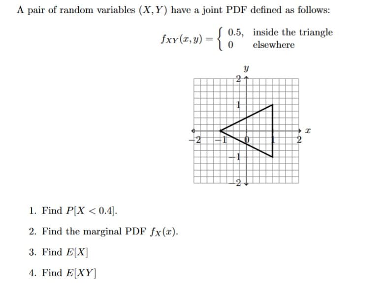 A pair of random variables (X, Y) have a joint PDF defined as follows:
0.5,
inside the triangle
elsewhere
fxy(x, y) = {{
0
1. Find P[X < 0.4].
2. Find the marginal PDF fx(x).
3. Find E[X]
4. Find E[XY]
2
1
2
DJ
y
2
8