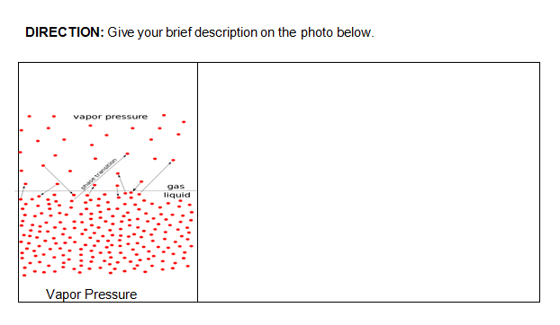 DIRECTION: Give your brief description on the photo below.
vapor pressure
gas
liquid
Vapor Pressure
