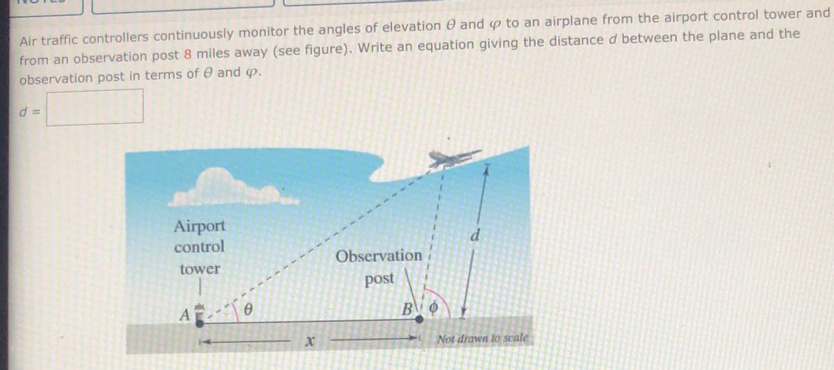 Air traffic controllers continuously monitor the angles of elevation 0 and p to an airplane from the airport control tower and
from an observation post 8 miles away (see figure). Write an equation giving the distanced between the plane and the
observation post in terms of e and p.
%3D
Airport
control
Observation
tower
post
Not drawn to scale
