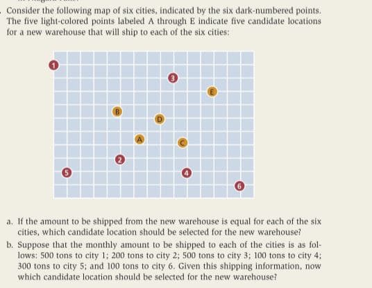 Consider the following map of six cities, indicated by the six dark-numbered points.
The five light-colored points labeled A through E indicate five candidate locations
for a new warehouse that will ship to each of the six cities:
a. If the amount to be shipped from the new warehouse is equal for each of the six
cities, which candidate location should be selected for the new warehouse?
b. Suppose that the monthly amount to be shipped to each of the cities is as fol-
lows: 500 tons to city 1; 200 tons to city 2; 500 tons to city 3; 100 tons to city 4;
300 tons to city 5; and 100 tons to city 6. Given this shipping information, now
which candidate location should be selected for the new warehouse?
