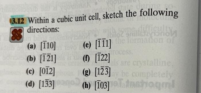 ate
3.12 Within a cubic unit cell, sketch the following
directions:
some difficulty
he lormadon of
process.
(e) [111]
(a) [10]
(b) [121]
(c) [012]
(d) [133]
(O [122]
als are crystalline,
(g) [123] he completely
(h) [T03] Ttnatiogml
