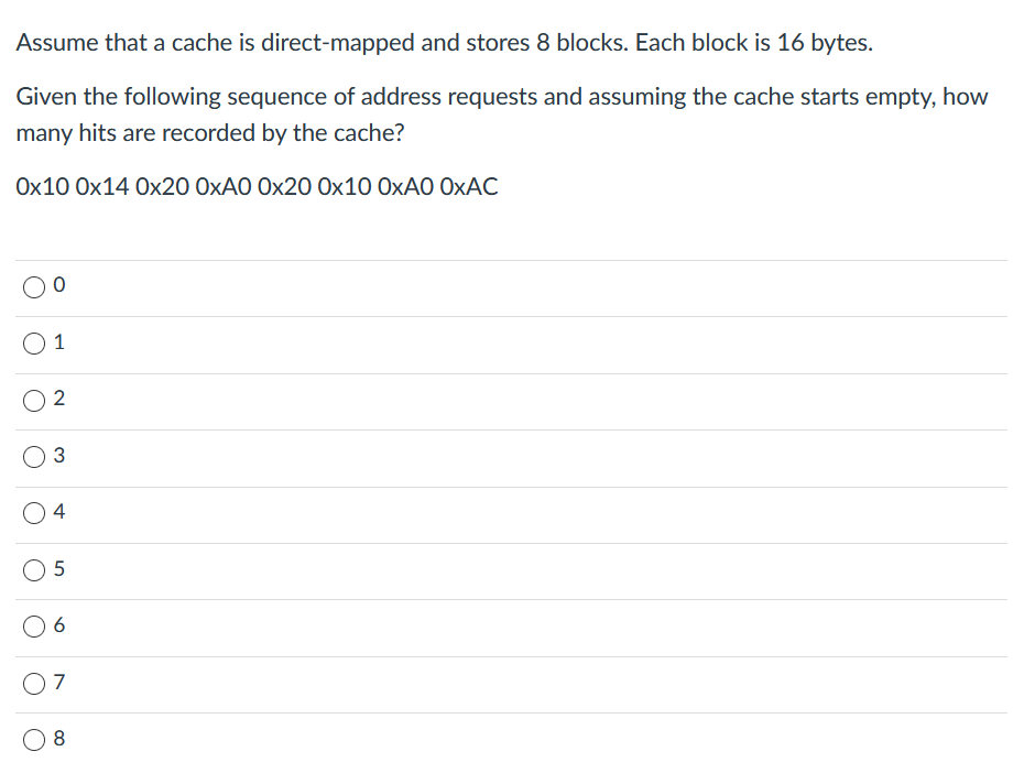 Assume that a cache is direct-mapped and stores 8 blocks. Each block is 16 bytes.
Given the following sequence of address requests and assuming the cache starts empty, how
many hits are recorded by the cache?
Ox10 Ox14 Ox20 OXAO 0x20 Ox10 OXA0 OXAC
O 1
2
O 4
6
O7
8
3.
