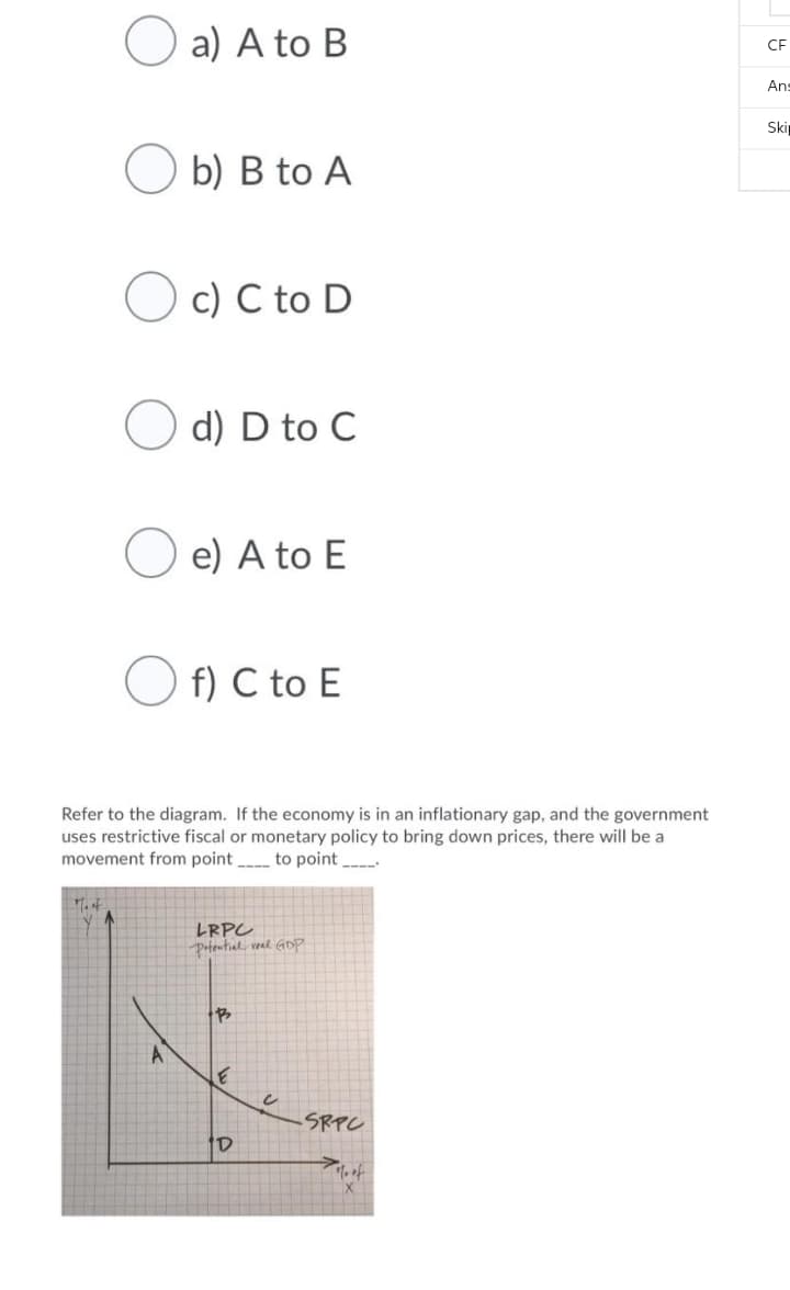 O a) A to B
CF
Ans
Ski
b) B to A
O c) C to D
d) D to C
e) A to E
O f) C to E
Refer to the diagram. If the economy is in an inflationary gap, and the government
uses restrictive fiscal or monetary policy to bring down prices, there will be a
movement from point to point --
LRPC
Prtential veal GoP
SRPC
