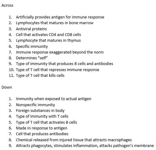 Across
1. Artificially provides antigen for immune response
2. Lymphocytes that matures in bone marrow
3. Antiviral proteins
4. Cell that activates CD4 and CD8 cells
5. Lymphocyte that matures in thymus
6. Specific immunity
7. Immune response exaggerated beyond the norm
8. Determines "self"
9. Type of immunity that produces B cells and antibodies
10. Type of T cell that represses immune response
11. Type of T cell that kills cells
Down
1. Immunity when exposed to actual antigen
2. Nonspecific immunity
3. Foreign substances in body
4. Type of immunity with T cells
5. Type of T cell that activates B cells
6. Made in response to antigen
7. Cell that produces antibodies
8. Chemical released from injured tissue that attracts macrophages
9. Attracts phagocytes, stimulates inflammation, attacks pathogen's membrane
