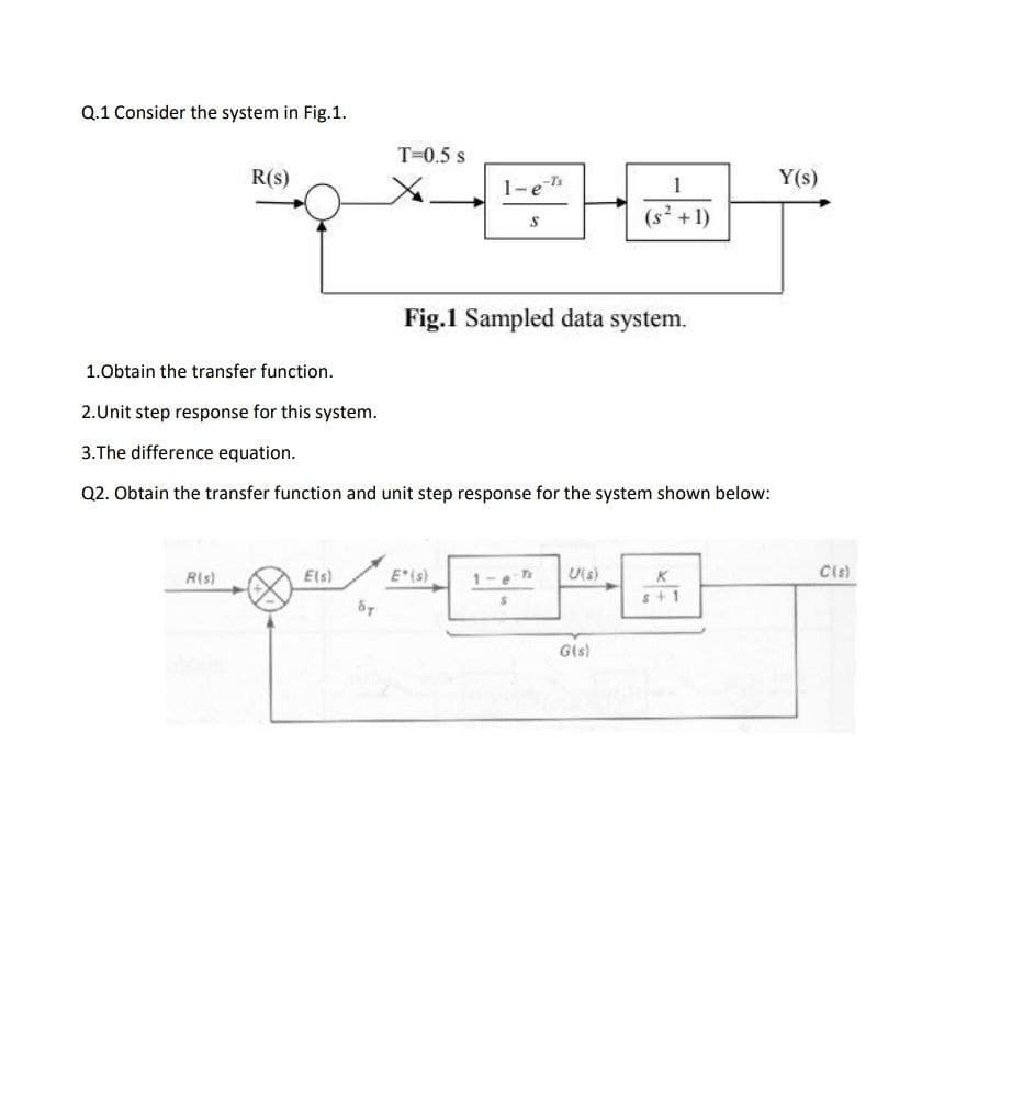 Q.1 Consider the system in Fig.1.
T=0.5 s
R(s)
1-e
1
Y(s)
(s +1)
Fig.1 Sampled data system.
1.Obtain the transfer function.
2.Unit step response for this system.
3.The difference equation.
Q2. Obtain the transfer function and unit step response for the system shown below:
R(s)
Els)
E(s)
1-e
Uls)
Cis)
s+ 1
Gis)
