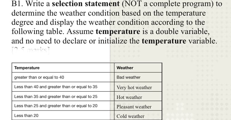 B1. Write a selection statement (NOT a complete program) to
determine the weather condition based on the temperature
degree and display the weather condition according to the
following table. Assume temperature is a double variable,
and no need to declare or initialize the temperature variable.
Temperature
Weather
greater than or equal to 40
Bad weather
Less than 40 and greater than or equal to 35
Very hot weather
Less than 35 and greater than or equal to 25
Hot weather
Less than 25 and greater than or equal to 20
Pleasant weather
Less than 20
Cold weather
