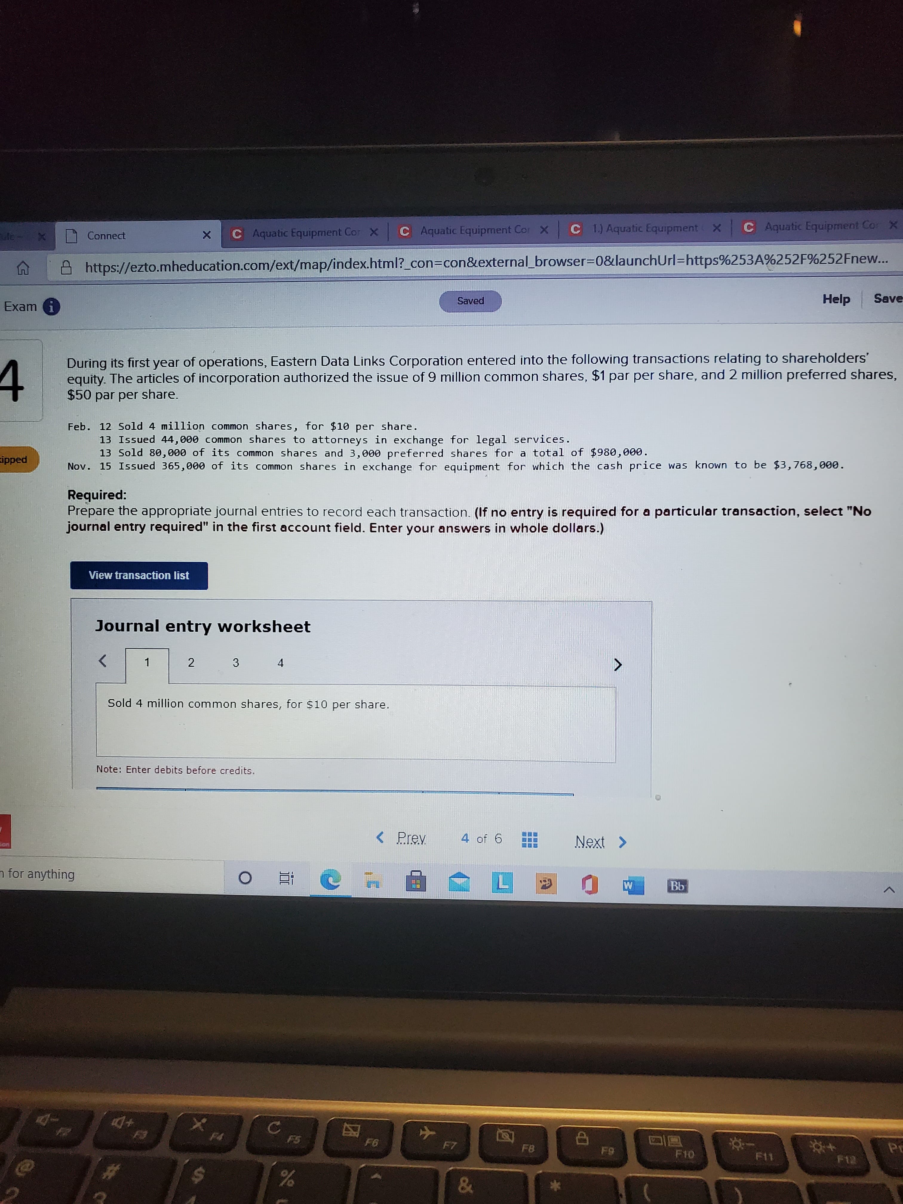 During its first year of operations, Eastern Data Links Corporation entered into the following transactions relating to shareholders'
equity. The articles of incorporation authorized the issue of 9 million common shares, $1 par per share, and 2 million preferred shares,
$50 par per share.
Feb. 12 Sold 4 million common shares, for $10 per share.
13 Issued 44,000 common shares to attorneys in exchange for legal services.
13 Sold 80,000 of its common shares and 3,000 preferred shares for a total of $980,000.
Nov. 15 Issued 365,000 of its common shares in exchange for equipment for which the cash price was known to be $3,768,000.
Required:
Prepare the appropriate journal entries to record each transaction. (If no entry is required for a particular transaction, select "No
journal entry required" in the first account field. Enter your answers in whole dollars.)
